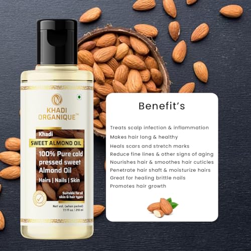 Image of Khadi Organique 100% Pure Cold Pressed Sweet Almond Oil for Hair, Skin & Nails | Rich in Vitamins A & E | Deeply Moisturizes, Repairs & Strengthens | Ideal for Massage & Daily Nourishment - 210 ml