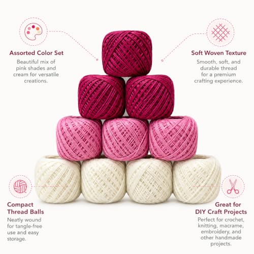Image of Crochet Cotton Thread Yarn Combo, 10 Rolls for Knitting, Crochet, Embroidery and Craft Making, Soft Decorative Thread for Handmade DIY Projects Maroon Light Pink Cream