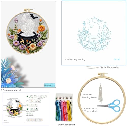 Image of Zhenqing Halloween Cauldron Embroidery Kit for Beginners, Magic Pot Witch Decor Needlework Kit with Pre-Printed Cotton Fabric, Hoop, Threads & Tools, Spooky DIY Wall Art (C0120)