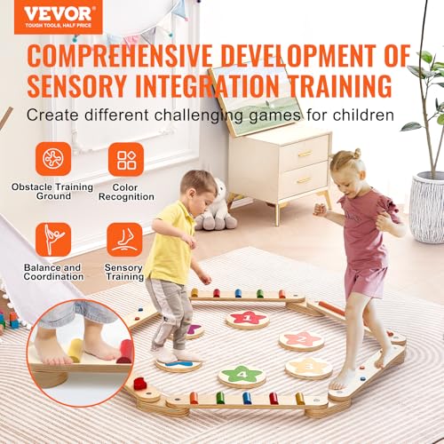 Image of VEVOR Balance Beam Stepping Stones, 6 PCS Wooden Toddler Balance Boards, Montessori Toy for Kids 3-6, Build Coordination and Gross Motor Skills Gymnastics Obstacle Course Indoor Outdoor for Girls Boys