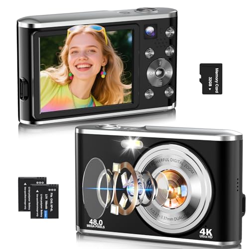 Digitalkamera, AutoFocus 4K Kompaktkamera Fotokamera mit Dual-Kamera mit 32GB Speicherkarte HD 48MP 16X Digitalzoom 2,8' großem Bildschirm Fotoapparat Digitalkamera für Einsteiger（Schwarz）