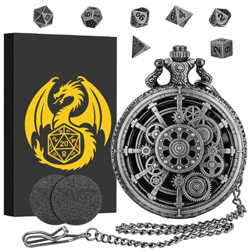 🎲【Design Unico】Questo mini set di dadi DND dispone di un esclusivo alloggiamento per orologio da tasca con scheletro steampunk color bronzo, che combina eleganza vintage con un moderno stile di gioco ed è quindi un accessorio eccezionale per ogni appassionati di giochi.