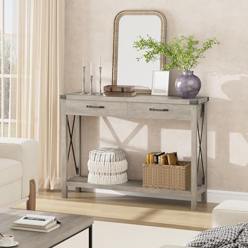 IDEALHOUSE Console Table with 2 Drawers, Farmhouse Entryway Table with Storage Shelf, Accent Wood Sofa Table for Living Room, Hallway, Foyer-Grey (WCT