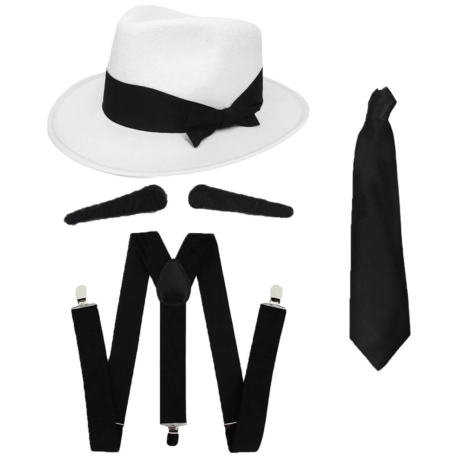 Gangster Fancy Dress Accessory Set Spiv Tash + Black Tie + Matching Braces + White Trilby Hat 1920's Mob Gangster Men Al Capone (Black Accessories - 58 Cm Hat)