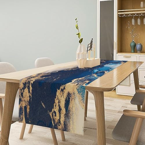 Marble Table Runner,Navy Blue Gold Stripe Marble Farmhouse Pattern Table Runner for Coffee Table Dining Room Table Bedroom Party Holiday Decor 13x36inch