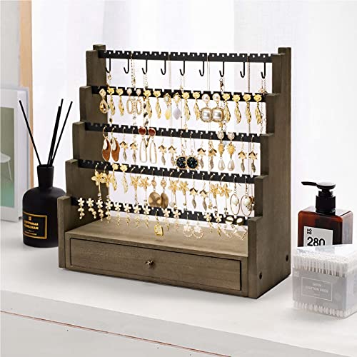 Pinzoveco Earring Organizer, 5 Layer Earring Holder Organizer With Metal Necklace Holder Pole, Rustic Wood Jewelry Organizer Stand Display For Stud Earring Bracelet Necklace Ring, 175 Earring Holes #TOP6