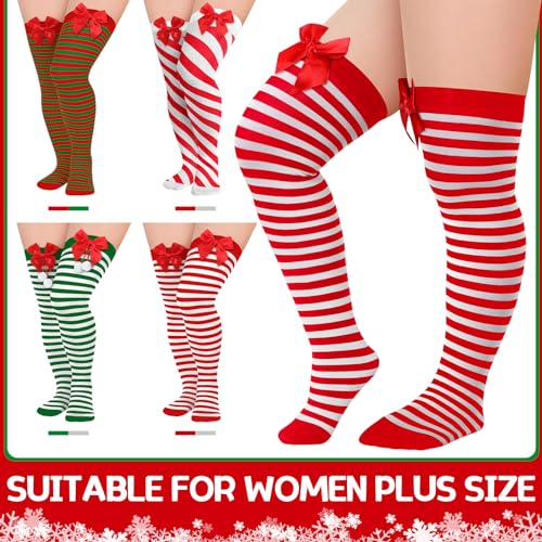 4 Pair Women Plus Size Christmas Striped Socks Over Knee High Socks Thigh High Stockings for Christmas3