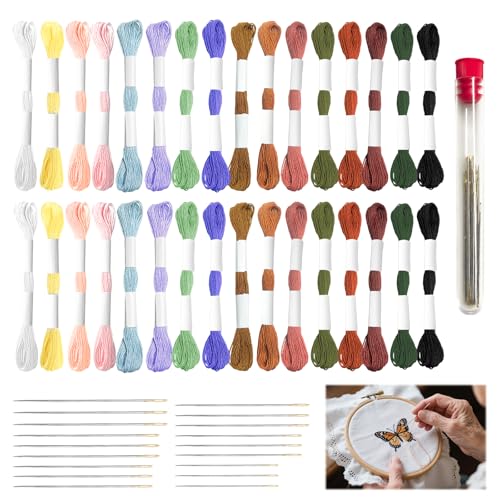32 Skeins Sashiko Thread 18Pcs sashiko Needles 100% Cotton 16 Colors Each Bundle Measuring 8 Meters/8.75 Yards Suitable for Sewing and Embroidery.
