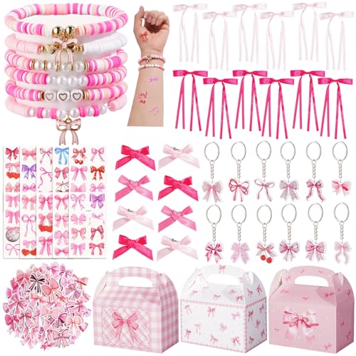 Vanblue 122 Pcs Bow Party favors Set Gift Pink Bow Birthday Decorations Classroom School Reward for Girls Coquette Birthday Party Gift Friendship Bracelets Goodie Bag Stuffers