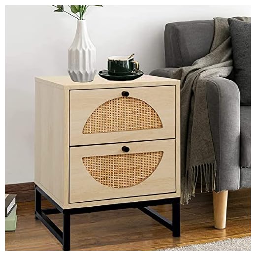 Recaceik Ratten NightStand, Natural End/Bedside Table Cabinet with 2 Ratten Drawers Storage and Metal Legs, Rustic Shelf Bedside End Side Accent Table for Living Room, Bed Room