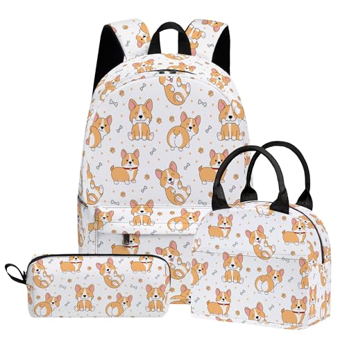 Corgi Cute 3PCS Backpack Set for Teens Elementary Middle High School, 17 Inch Lightweight Classic Bookpack 3 in 1 Set for Girls Boys, Kids Back to School Backpack with Lunch Box Pencil Case