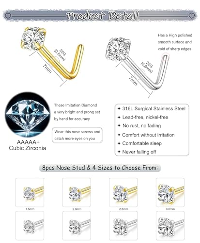 Nose Rings Studs Set for Women Men: 8Pcs 18G 20G 22G Hypoallergenic Gold/Silver 316L Surgical Stainless Steel Nose Studs L Shaped Nose Piercing Jewelry Small CZ 1.5mm 2mm 2.5mm 3mm for Nose Earring2