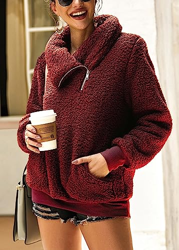KIRUNDO Sherpa Pullover Womens Fleece Zip Sweatshirt Fall(Wine Red, XL) - image 2