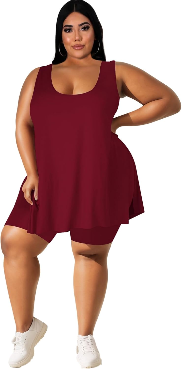 YeGine Women Plus Size 2 Piece Outfits Casual Sleeveless Tunic Tops Short Sets Summer Oversized Tshirts Shorts Sweatsuits