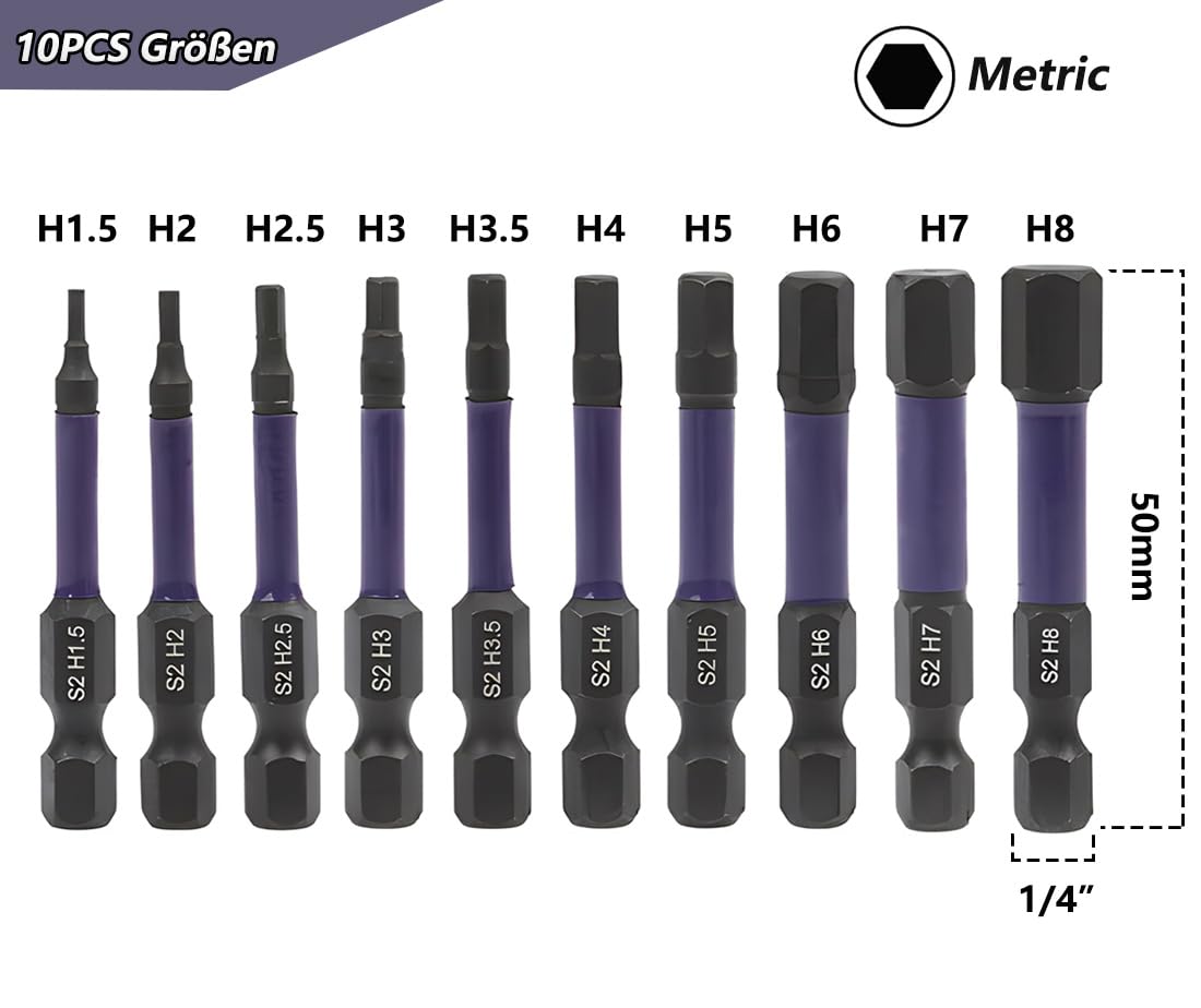 10-teiliges Schlag-Sechskant-Bit-Set, H1,5–8 Mm, Aus S2-Stahl, Magnetisch, 1/4 Zoll Sechskantschaft