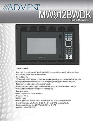 Advent MW912BWDK Black Built-in Microwave Oven with Wide Trim Kit PMWTRIM, Specially Built for RV Recreational Vehicle, Trailer, Camper, Motor Homes; 0.9 CuFt capacity; 900W Cooking Power