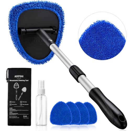 AstroAI 21" Extra-Long Windshield Cleaner Tool, Car Interior Detailing Cleaning Kit with Extendable Handle and 4 Upgraded Reusable Microfiber Pads, Auto Glass Wiper Brush Kit for Cars, Blue