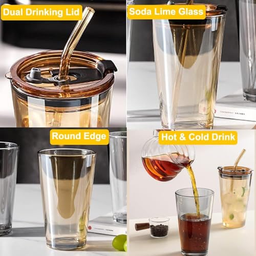 Image of Kamvy Reusable Glass Tumbler with Lid & Straw Pack of 1, 400ml Multipurpose Drinking Glasses Coffee Sipper Mugs with Leather Sleeve for Juice Smoothies Iced Tea Indoor & Outdoor Cup (Walnut)