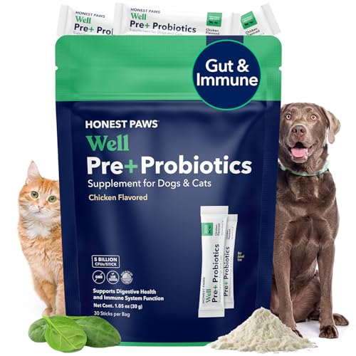 Honest Paws Probiotics for Dogs - Digestive & Immune Support Powder with Prebiotic Made in The USA, Chicken Flavor (30 Sticks)