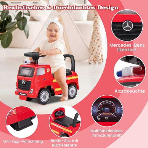 GOPLUS Kinder Rutschauto Mercedes Benz, Feuerwehrauto zum Schieben mit Rückenlehne, Hupe & Musik, Stauraum unter dem Sitz, Rutschfahrzeug für Kinder im Alter von 2-6 Jahren bis 23kg – Bild 3