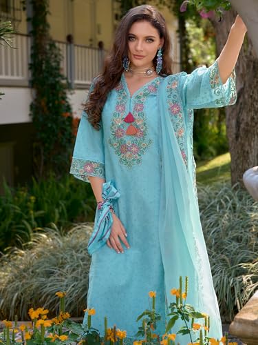 Image of INDO ERA Women's Pure Cotton Floral Embroidered Straight Kurta & Pant with Dupatta Set | Cotton Kurta Set For Woman