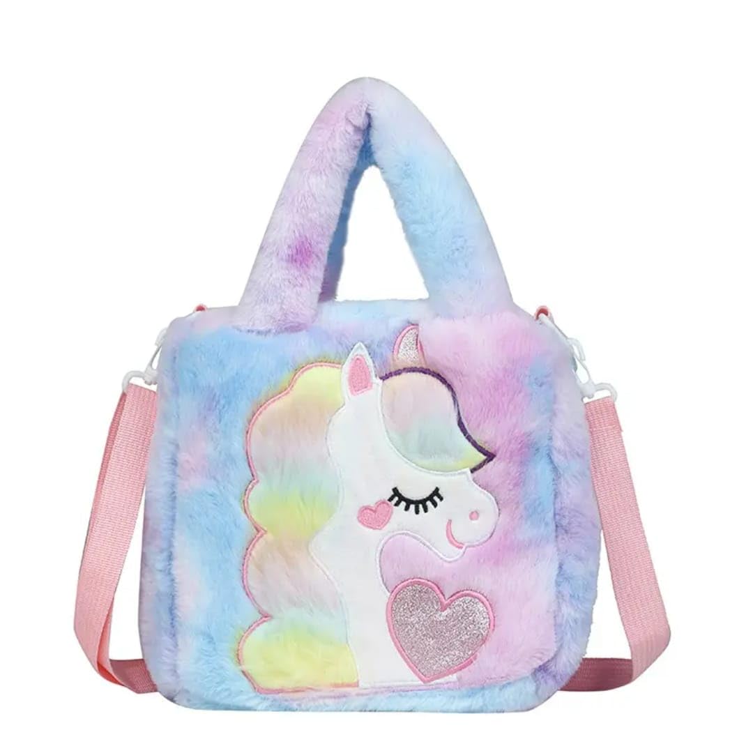 Buy Plush Unicorn Handbag for Girls, Rainbow Fur Design with Heart Pattern, Pink