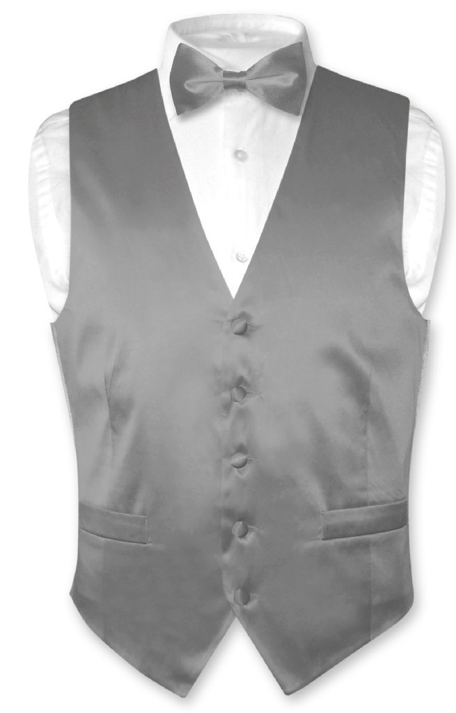 Biagio Men's SILK Dress Vest Bow Tie Solid CHARCOAL GREY Color BowTie Set sz L