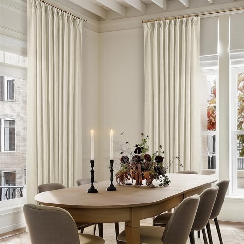 Image of 60 Inch Width Curtains 92 Inches Long Linen Pinch Pleated Curtains for Living Room Bedroom Semi Sheer Back Tab Hooks Rings Extra Wide Pinch Pleat Drapes for Patio Glass Door Beige Linen 1 Panel