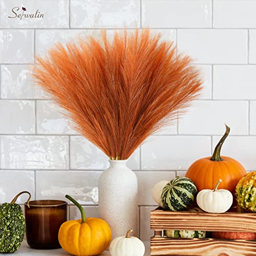 Image of Serwalin Pampas Grass Decor 17.7 Inch 6 Pcs Orange Pampas Grass, Faux Burnt Orange Pampas Fall Boho Decor, Wedding Party Table Centerpieces Rust Home Decor Pampas Floral Arrangement