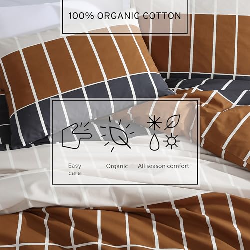 Image of MARIMEKKO - Queen Duvet Cover Set, Organic Cotton Bedding with Matching Shams, Modern Home Decor, GOTS Certified (Tiiliskivi Raita Charcoal, Queen)