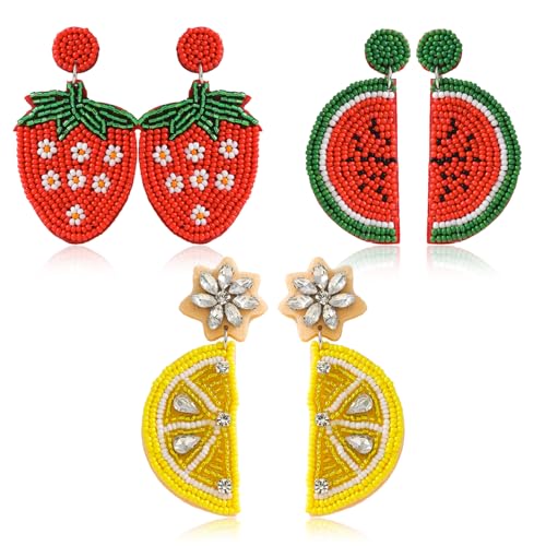 3 Pairs of Beaded Fruit Earrings Set for Women, Handmade Beads Su...