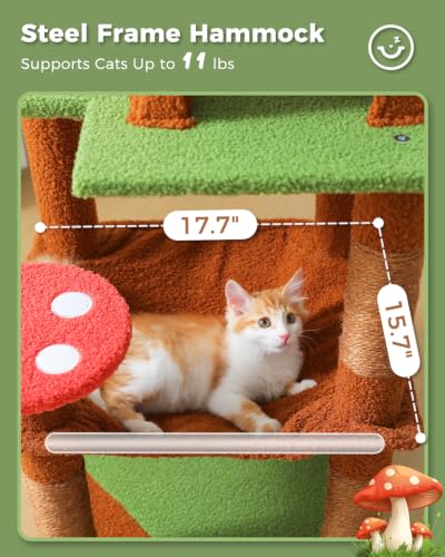 Image of MUTTROS 45.7 inch Mushroom Cat Tree with Metal Hammock, 6 Tiers, Brown | 6-tier shelves, Metal plush hammock, 2-door condo house, Sisal posts, Large top perch, For Small cats