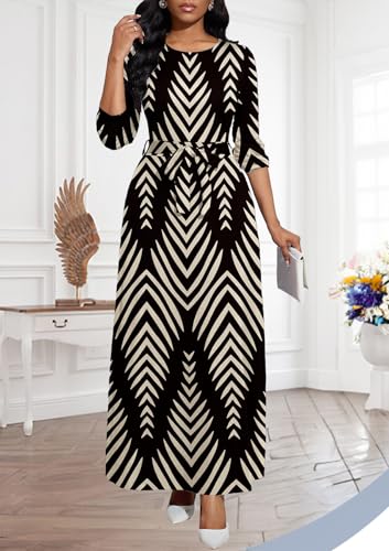 Image of Maxi Dresses for Women Casual Long Sleeve Crewneck Floor Length Dress | Floral Print,Swing,Soft Fabric,with Belt and Pockets