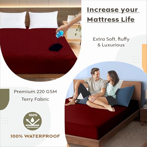 Image of Ayka 100% Waterproof Cotton Terry Mattress Protector Single Size Breathable Hypoallergenic Noiseless Ultra Soft Fitted Bed Protector 78x36 inch Mattress /Bed Cover (Single 78 * 36 inch | 6.5x3 ft, Maroon)