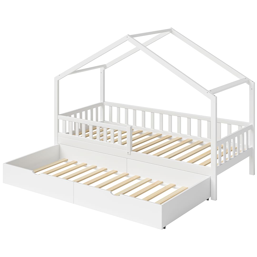 Bellabino Vils Kinderbett 90x200cm, Gästebett & Hausbett, Massivholz Kiefer | Weiß, Kinderbett mit Rausfallschutz & Lattenrost, Montessori-Bett, massives Kieferholz, Bett für Jungen & Mädchen, Bettrahmen