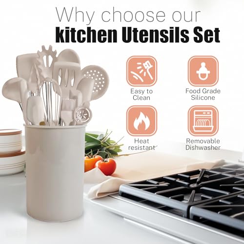 Kitchen Utensils Set-Silicone Cooking Utensils-35 Kitchen Gadgets & Spoons for Nonstick Cookware-Silicone and Stainless Steel Spatula Set-Best Kitchen Tools, Useful Pots and Pans Accessories (Khaki) - Image 6