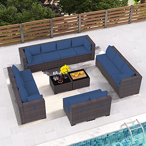 Image of 14 Pieces Outdoor Patio Furniture Set,Outdoor Sectional Furniture All Weather PE Rattan Wicker Patio Conversation Set with 2 Coffee Tables and 12 Thickened Cushions,Navy Blue