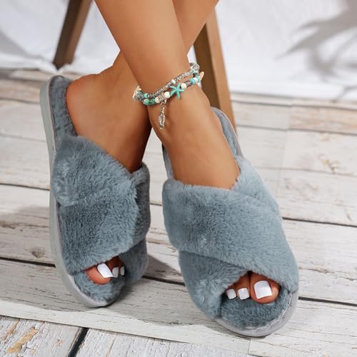 Women's Fuzzy Open Toe Slippers Comfy Cross Band Memory Foam Bedroom House Shoes Indoor Outdoor Slides Slippers3