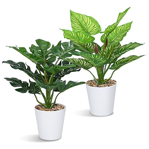 Aeaocvo 2 PCS Fake Potted Plant 12' Small Artificial Plants Indoor, Faux Greenery Monstera Dieffenbachia Plant in Pot, Artificial Tropical Plants for Home Office Table Shelf Window Centerpieces Decor