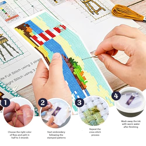 Image of ACRNIGHEET 6PCS Cross Stitch Bookmark Kit for Beginner Stamped Cross Stitch Kits for Adults Horizontal DIY Tassel Embroidery Bookmark Kits Needlepoint Kit with Instructions Craft Gift 8.5''x3'' 11CT