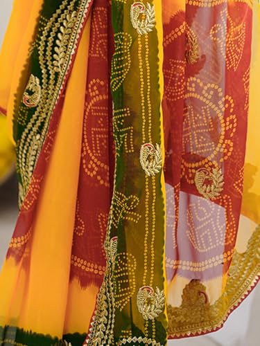 Image of Satrani Women's Georgette Bandhani Printed Embroidered gota lace Saree with Unstitched Blouse Piece