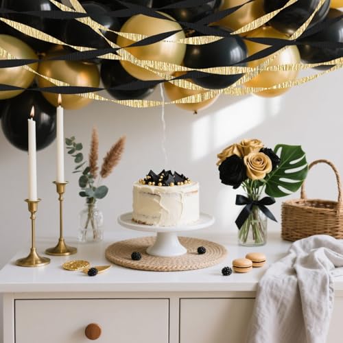 Image of 4 Crepe Paper Streamers Rolls, 328ft Pack of Black and Gold Crepe Paper for Birthday, Graduation, New Years, Wedding, Engagement Party Decorations (1.8 inch x 82 ft /Roll)
