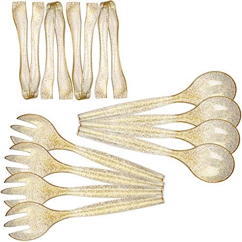 Plastic Serving Utensils, Heavy Duty Disposable utensil,12 Pack, Four 10” Spoons and Forks, Four 6-1/2” Tongs, Gold