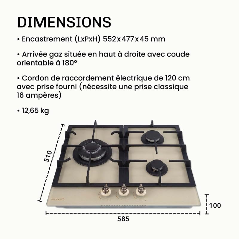 BELDEKO Plaque Gaz 3 Feux 6200W Beige Grilles Fonte - Marque Française