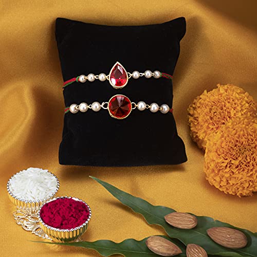 Image of Peora Rakhshabandhan Thread Rakhi for Brother Bhaiya | Kundan Beads & Crystal Studded | Combo Set of 2 | Rakhi Hamper Roli Chawal & Greeting Card