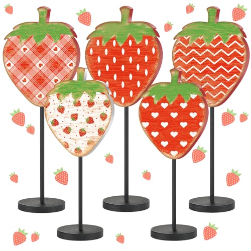 Image of Yousoontic 5 Pcs Summer Strawberry Table Decorations Strawberry Centerpiece for Table Summer Sweet Wooden Sign Standing Block for Home Tiered Tray Office Shelf Decorations