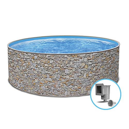 Paradies Pool Print Nature 24 Einzelbecken rund, 350x90cm (Ø x H), Stahlwandpool Bunte Steinoptik, Poolfolie in blau 0,6… – Bild 3