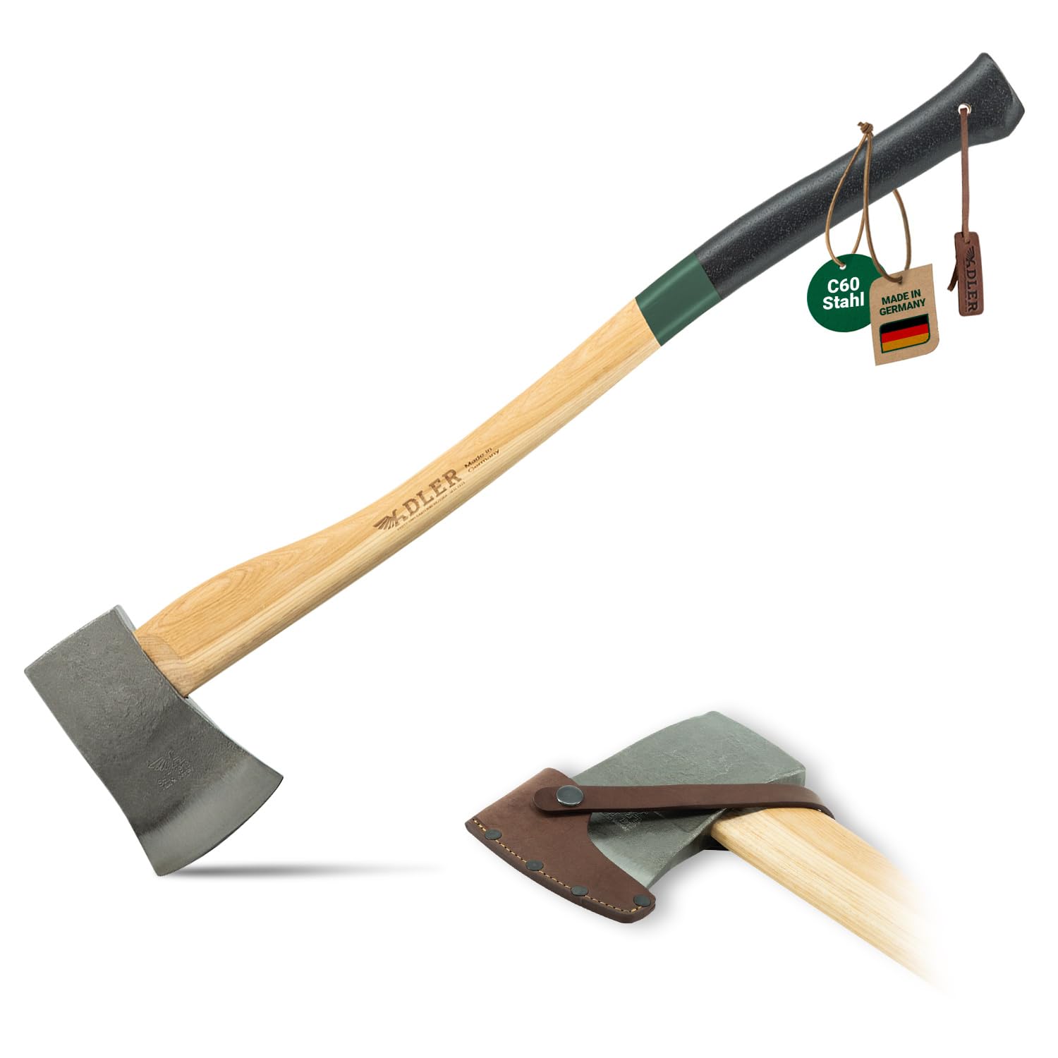 ADLER Yankeeaxt Fällaxt 1600g 80 cm C60 Hickorystiel Spalten Grün