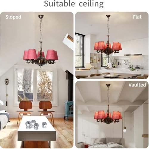 Image of Devansh 05 Lights Pink Jute conical Shade with Antique Golden Chandelier