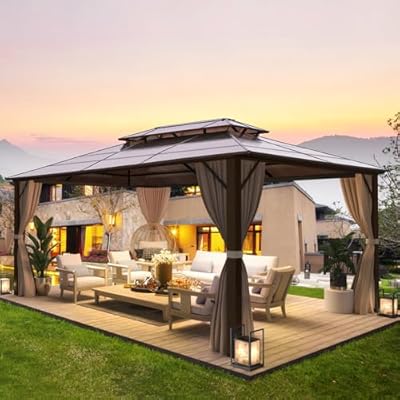 YOLENY 10'x13' Hardtop Gazebo, Outdoor Polycarbonate Double Roof Canopy, Aluminum Frame Permanent Pavilion with Curtains and Netting, Sunshade for Garden, Lawns, Patio